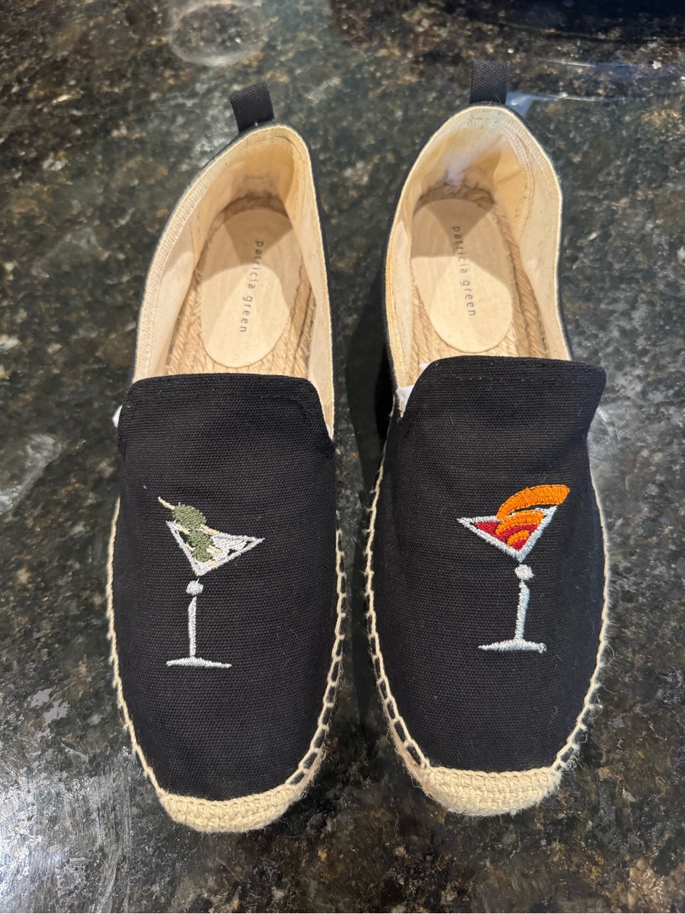 Patricia Green Black Espadrilles with Cocktail Embroidery